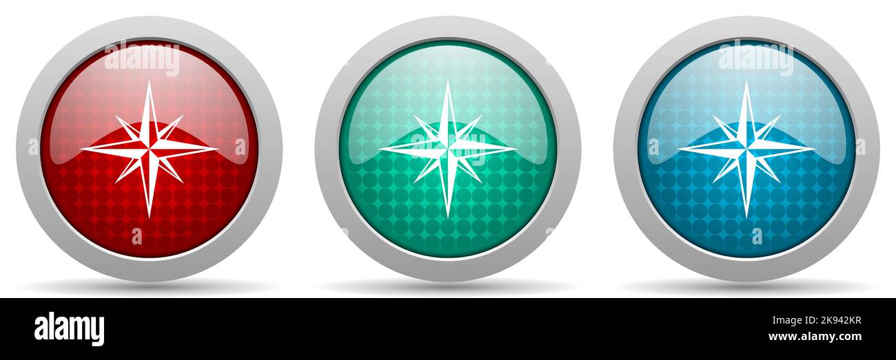 Compass vector icon set, glossy web buttons collection Stock Vector