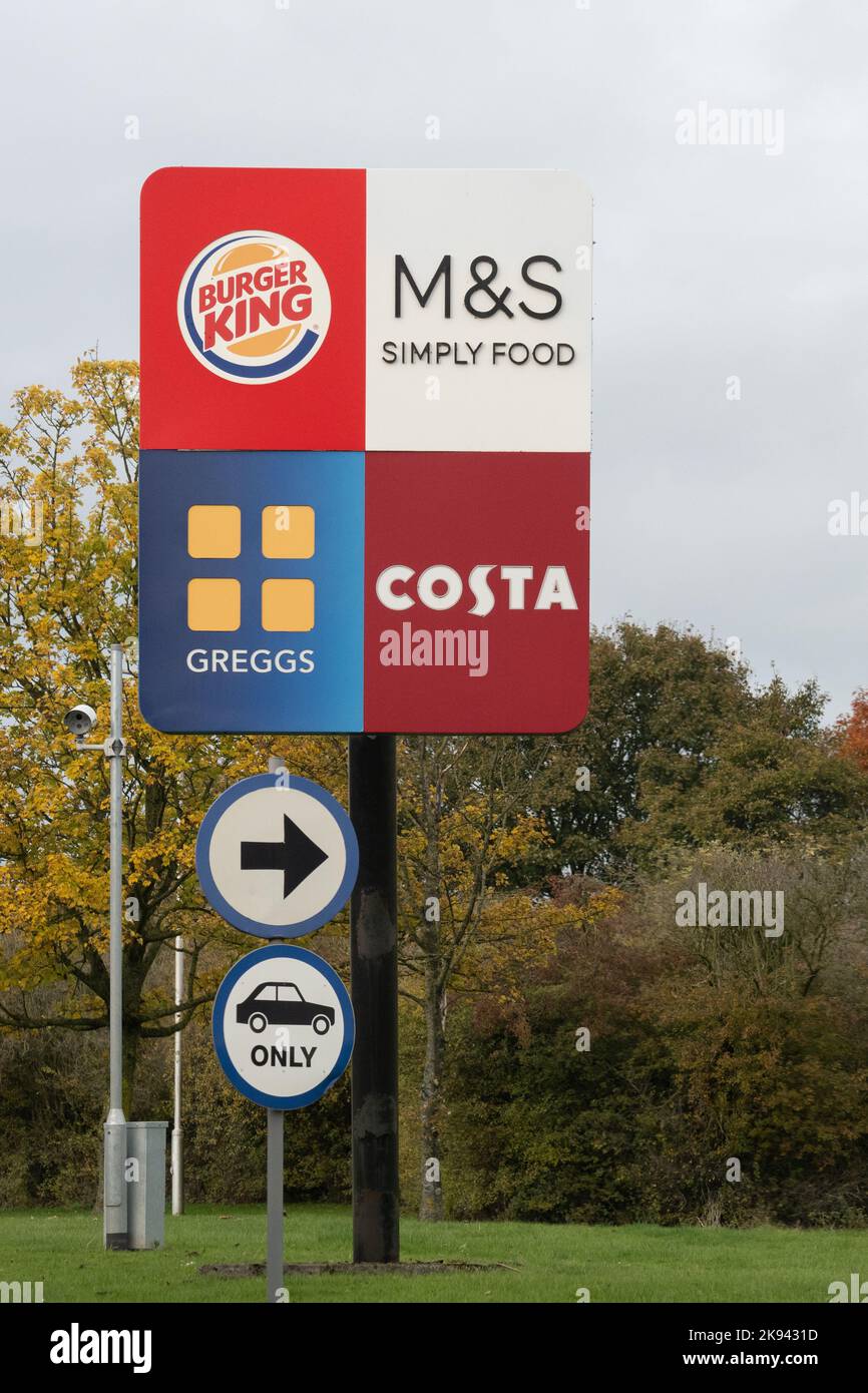 Southwaite Services sign - Burger King, M&S Simply food, greggs, costa - M6 motorway, nr Carlisle, England, UK Stock Photo
