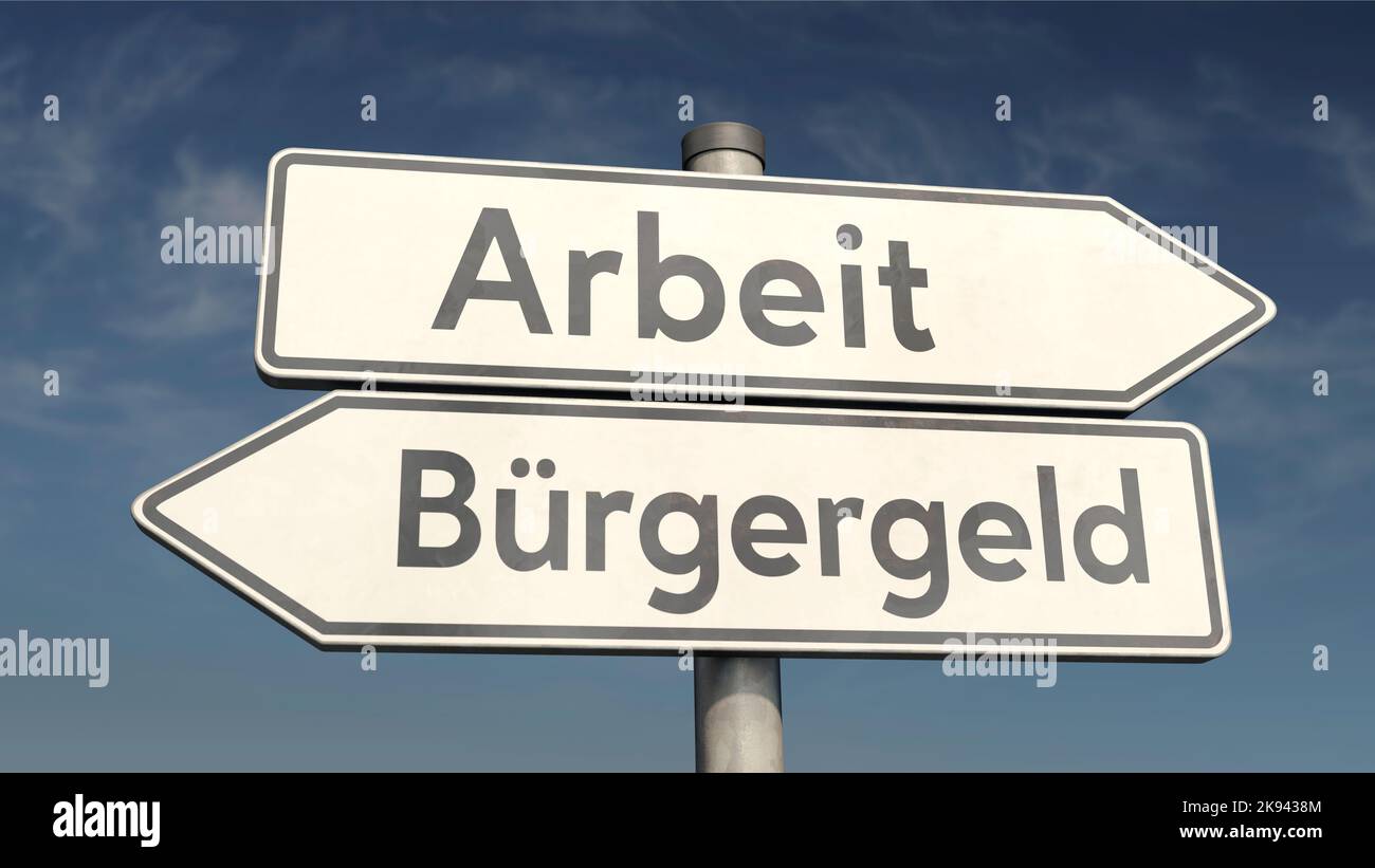 Guide posts with the German words 'Arbeit' (job) and 'Bürgergeld' (citizen income) Stock Photo