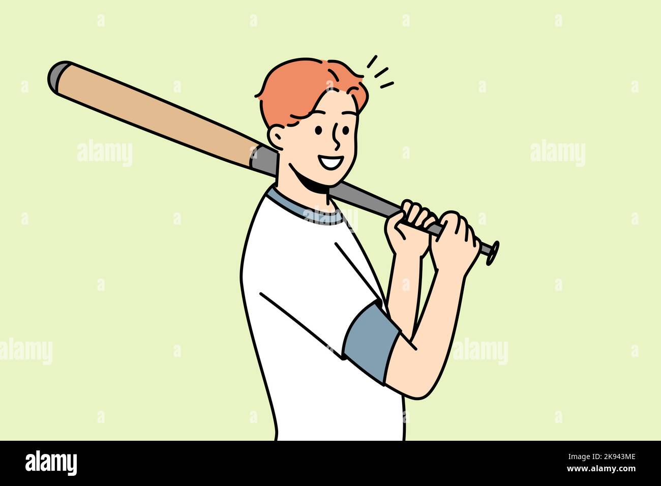 Smiling young male sportsman with baseball bat playing game on field. Happy athlete in uniform
