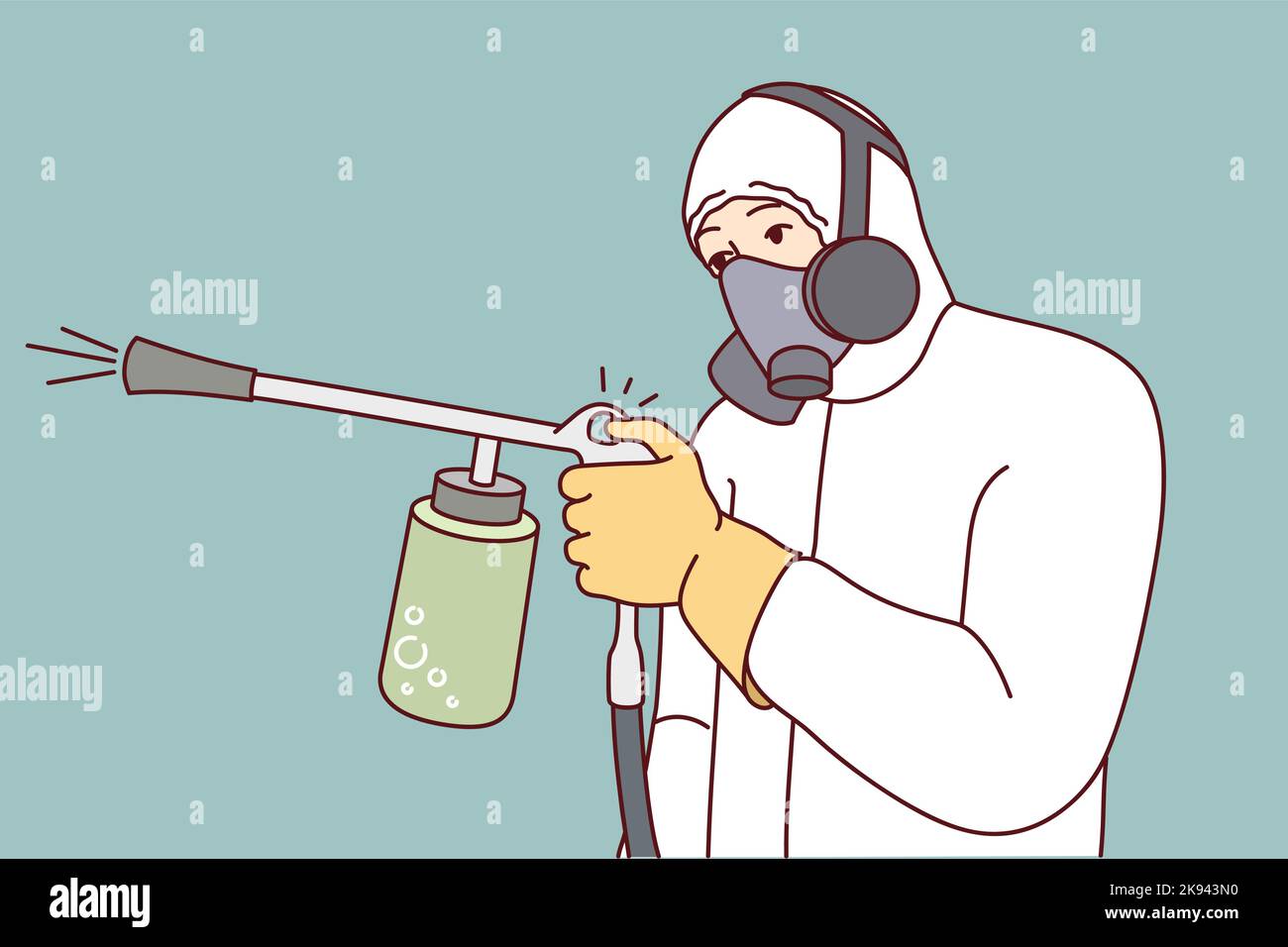 Man in protective uniform spraying pesticide to kill insects and rodents. Male exterminator or pest control worker in suit doing disinfection. Vector illustration.  Stock Vector