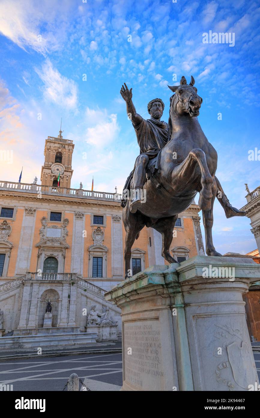 The Capitoline Hill in Rome, Italy: Statue of Roman Emperor Marcus Aurelius on horseback in front of the Palazzo Senatorio. Stock Photo