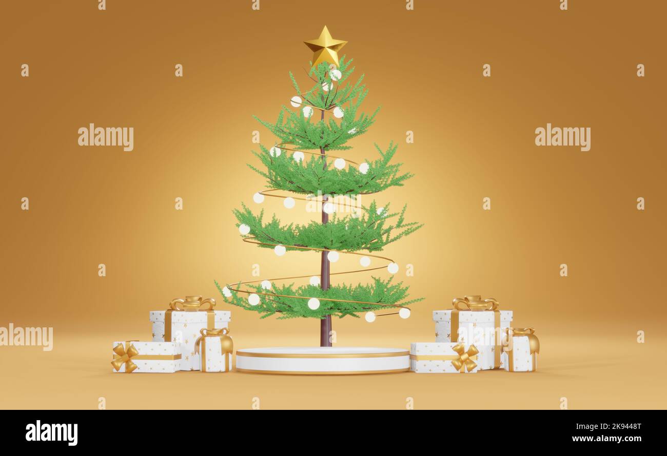 3d Christmas white scene background with gift boxs ,Xmas tree and ...