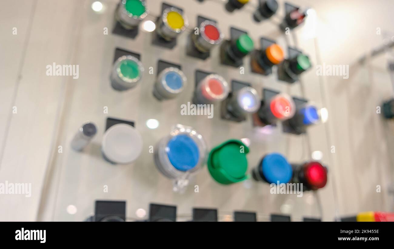 Production line control panel. Multicolored buttons. Manufacturing and