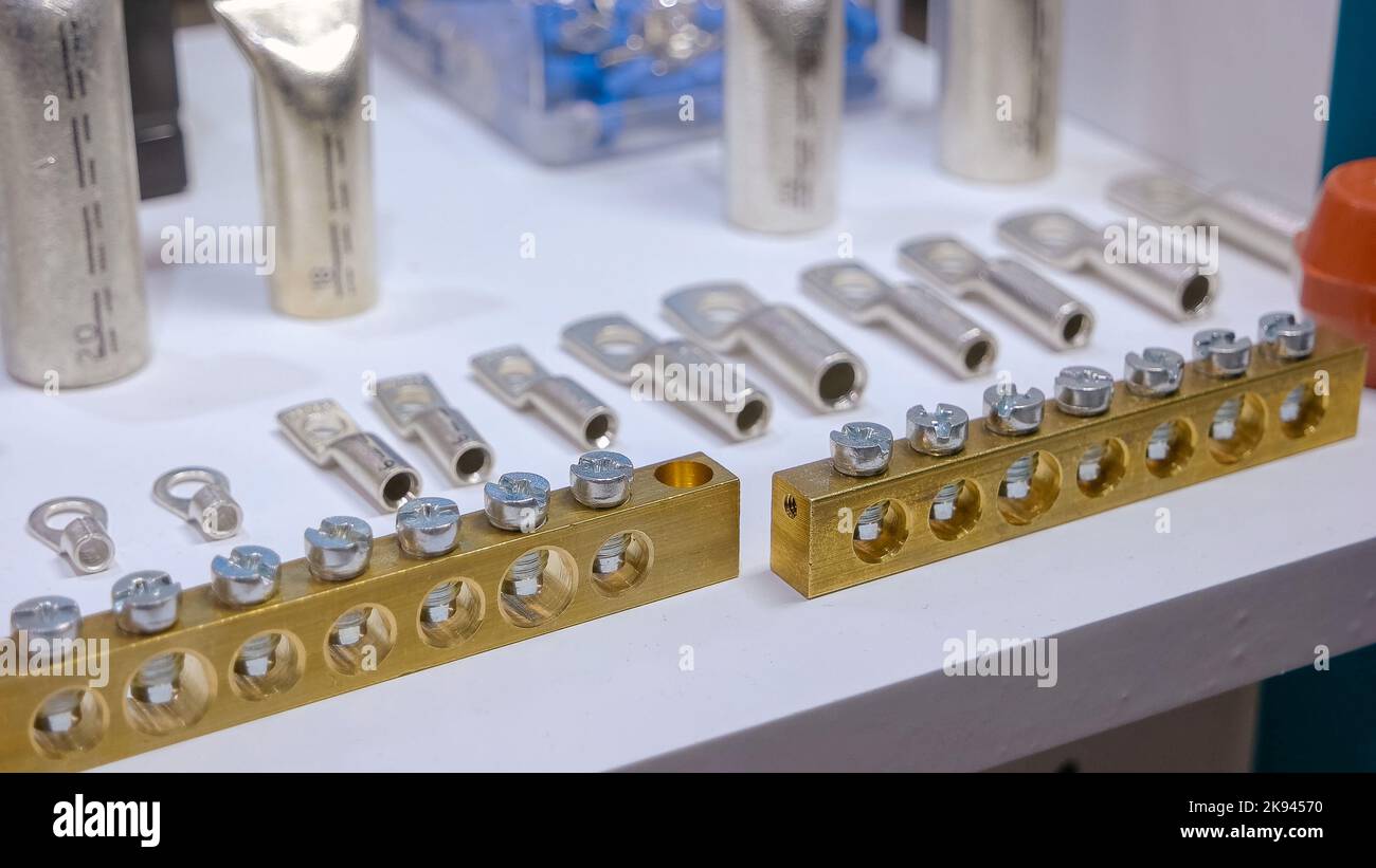 Collection of steel metallic hardware tools close-up. Set of metallic bolts. Stock Photo