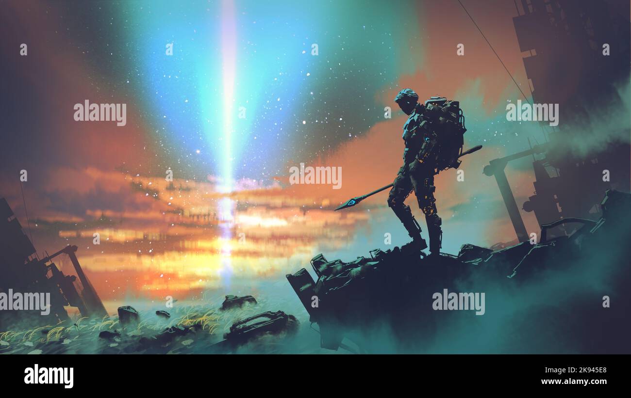 futuristic man standing and looking at the sky with a strange beam of light., digital art style, illustration painting Stock Photo