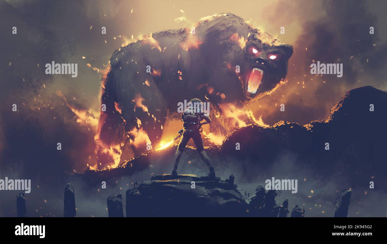 man with a flamethrower fighting with a demon bear, digital art style