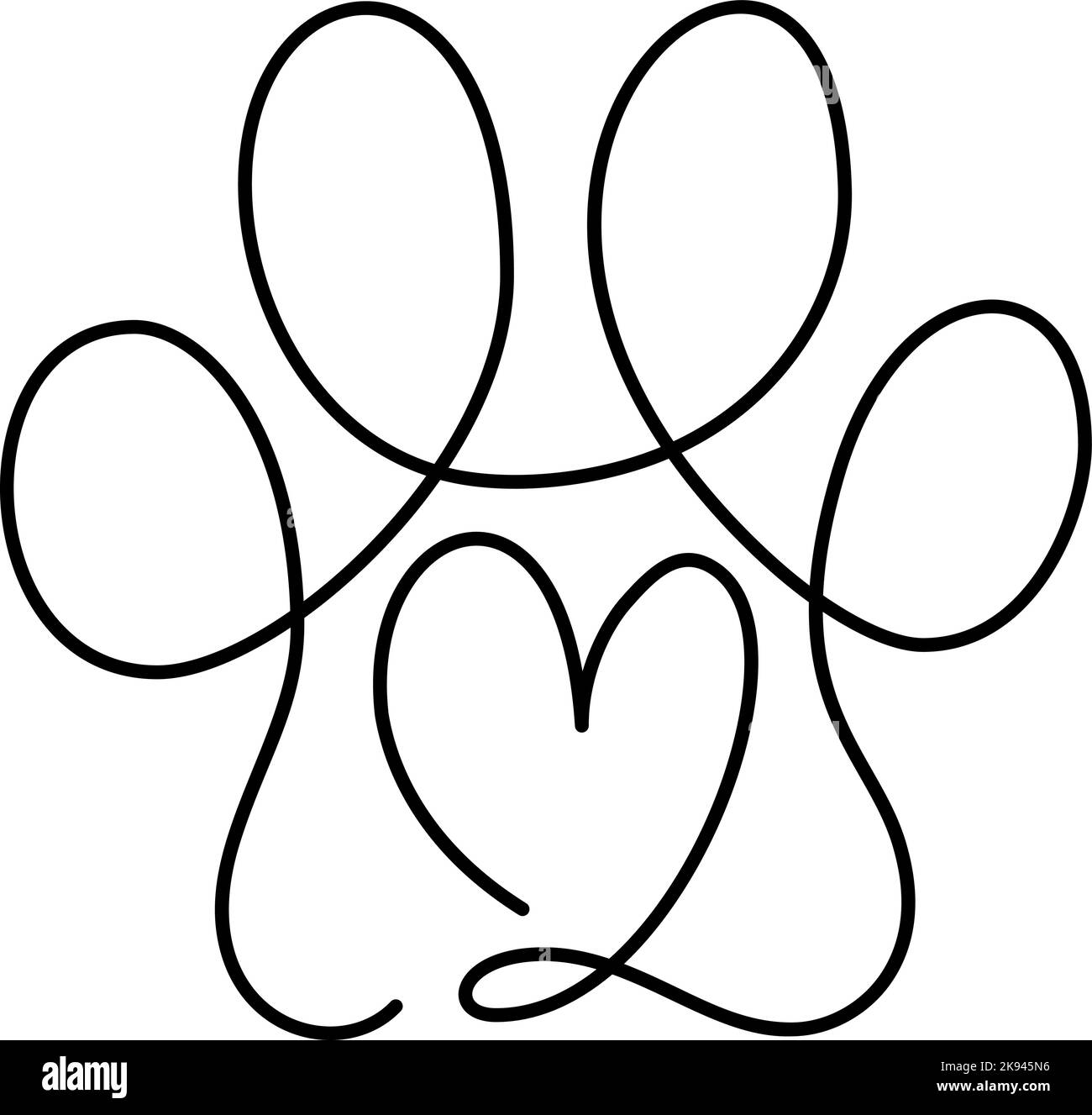 Heart with cat or dog paw in continuous one line drawing logo. Minimal ...