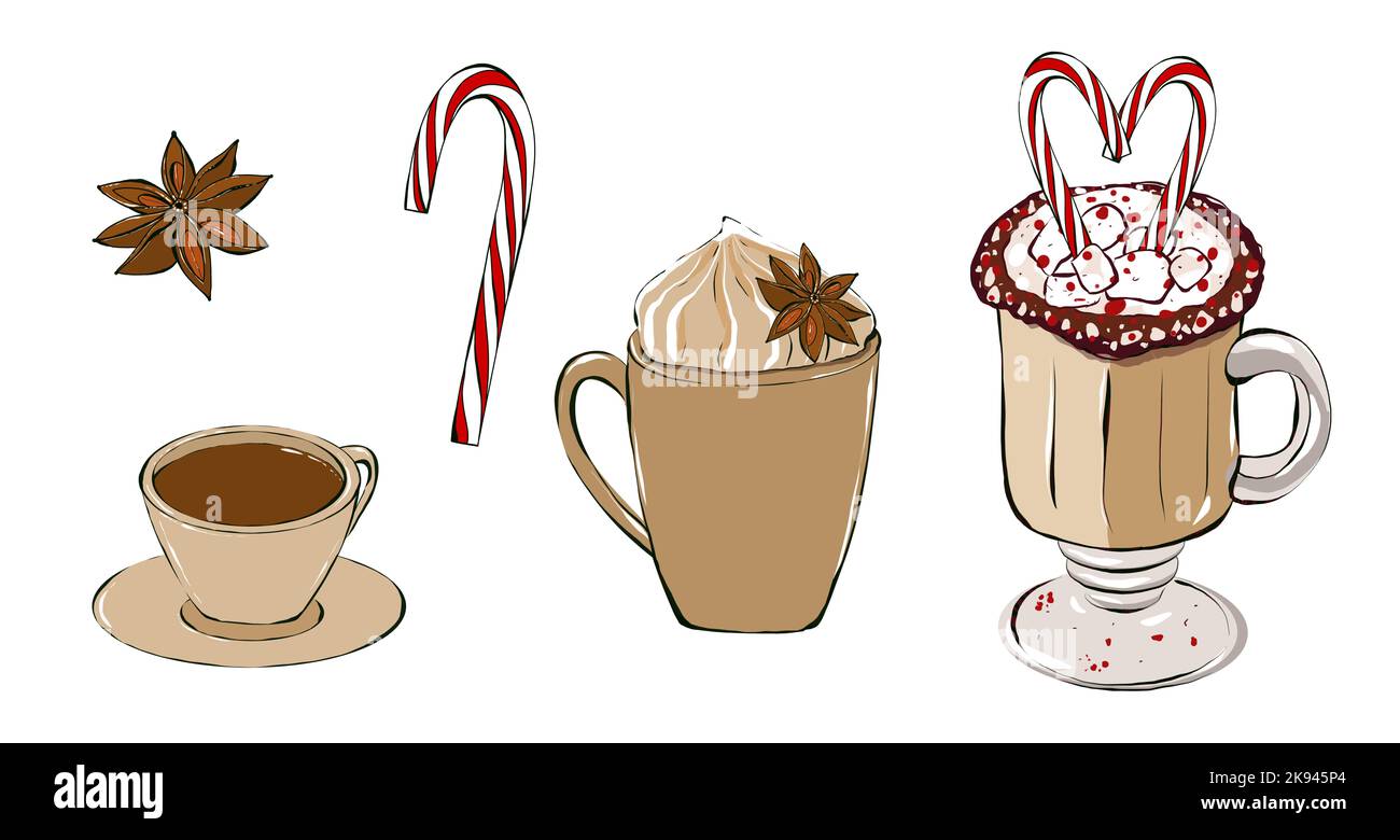 Set of coffee cups with coffee and sweet foam. Hand drawing