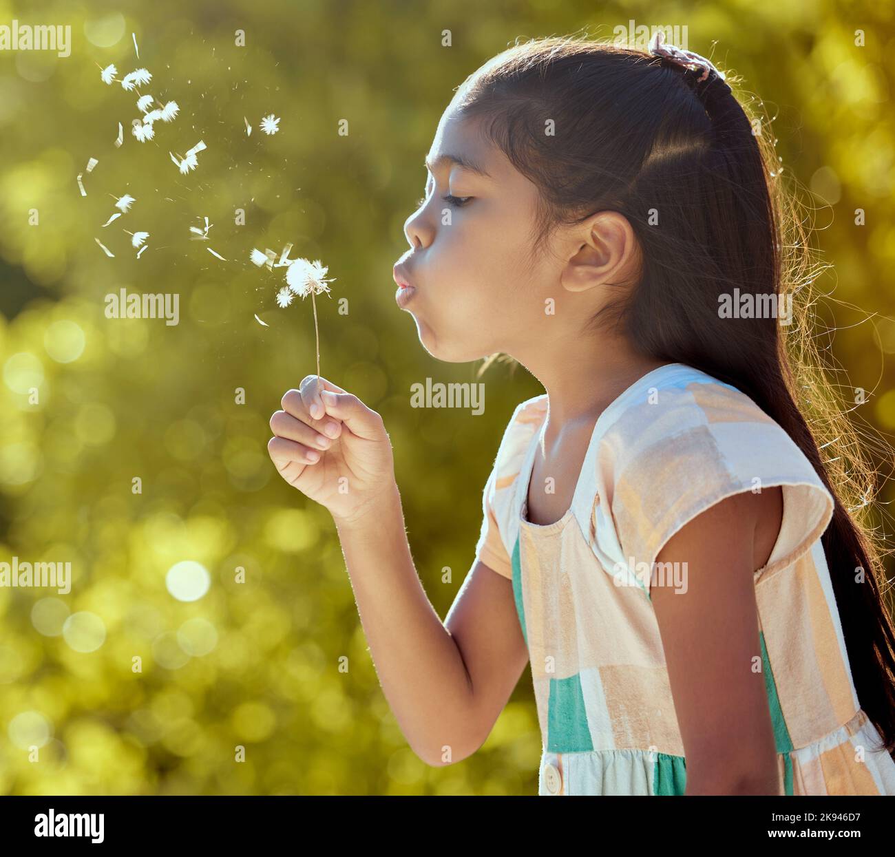 Girl, child and nature dandelion flower blowing for wish, dream and magic in garden on vacation in spring. Kid, park and motivation for hope, love and Stock Photo