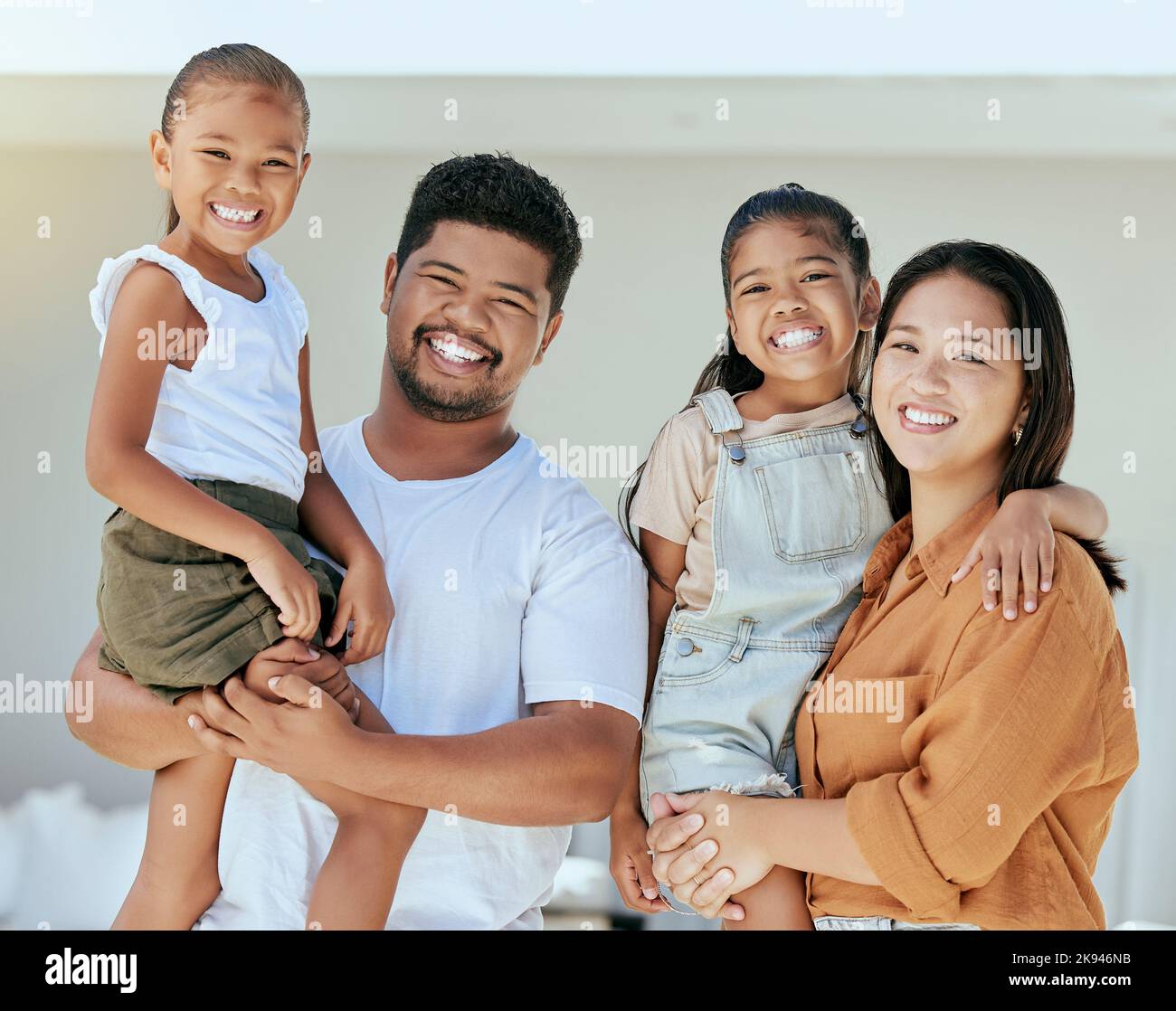Happy family, love and portrait of parents, children or group of people bonding, relax and enjoy fun quality time together. Happiness, smile and Stock Photo
