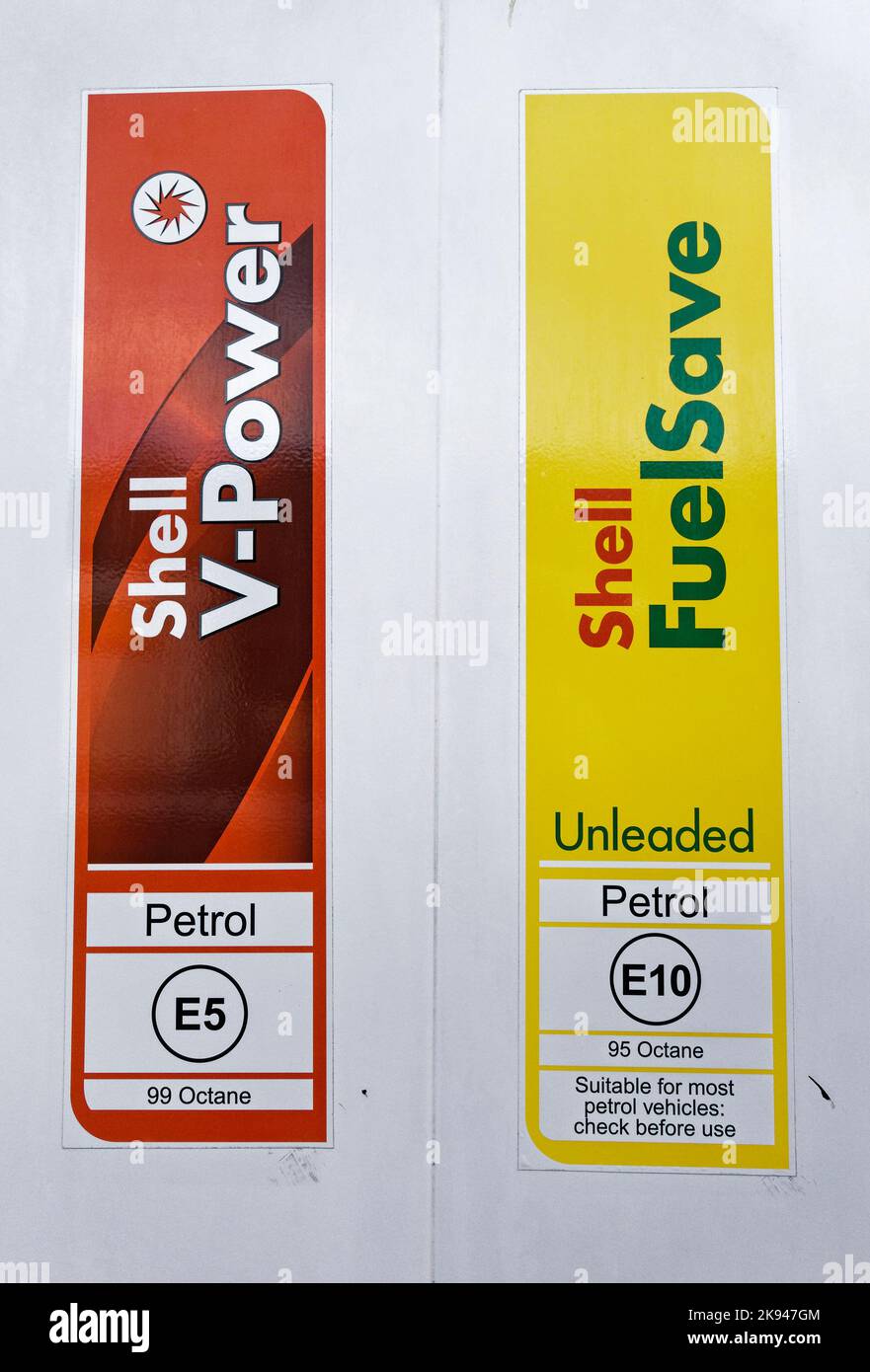 Shell petrol pumps serving E5 and E10 petrol. Stock Photo