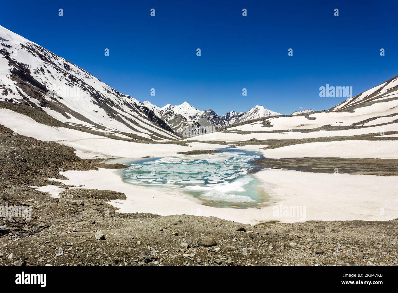 The turquoise frozen lake on top of the high altitude pass of Shingo La in the Great Himalayan range on the trek from Lahaul to Zanskar in North India Stock Photo