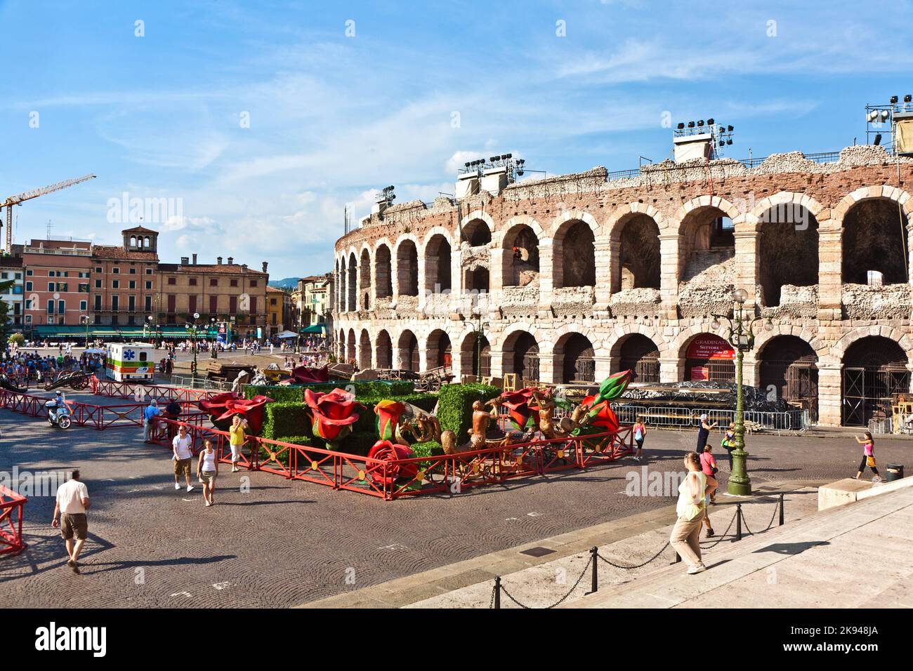 Verona, Italy - August 5, 2009:  requisites for the Arena in Verona Italy. People walk around  in front of the famous old roman Arena of Verona in Ver Stock Photo