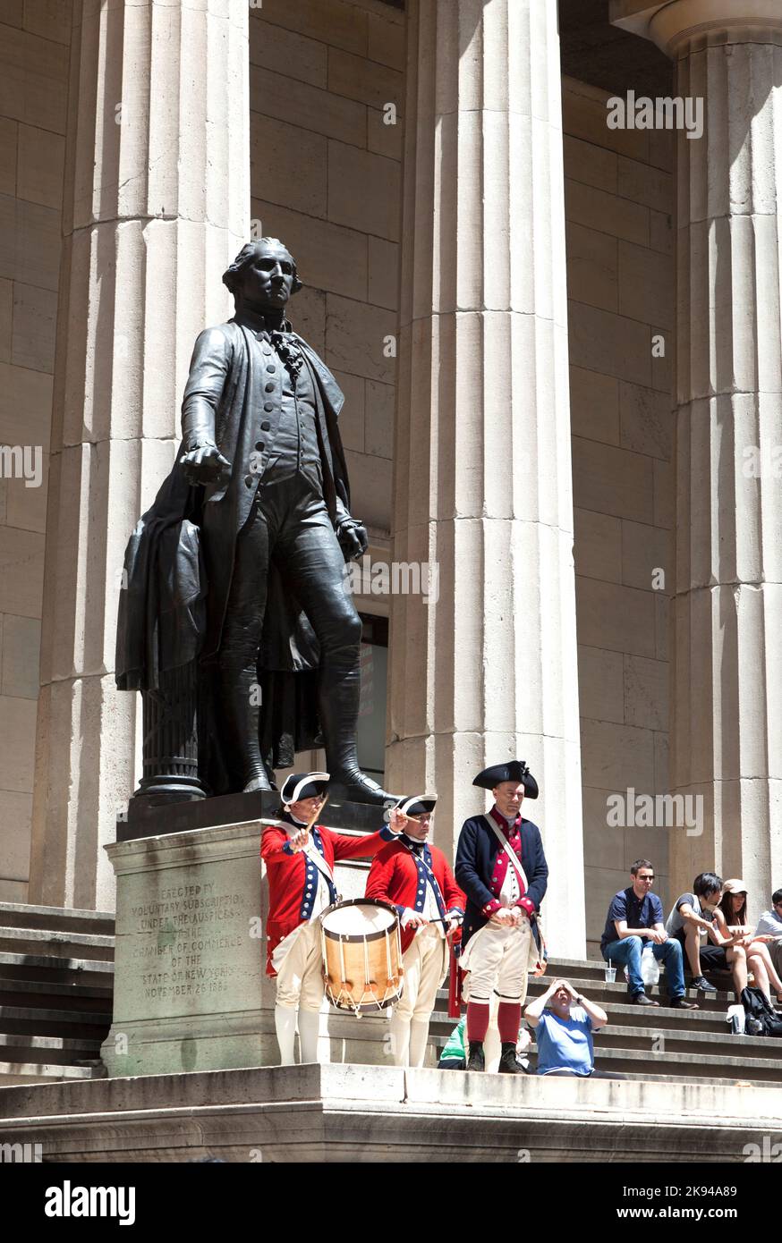 NEW YORK, USA – JULY 9: Ceremony for declaration of independence in old costumes takes place at the Washington statue in front of federal Hall Nationa Stock Photo