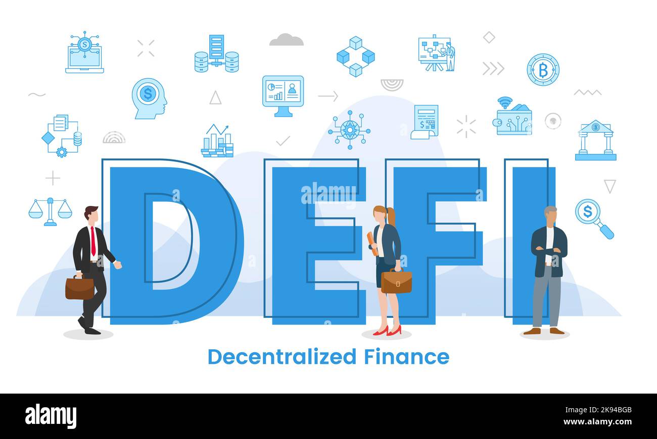 defi decentralized finance concept with big words and people surrounded by related icon ...