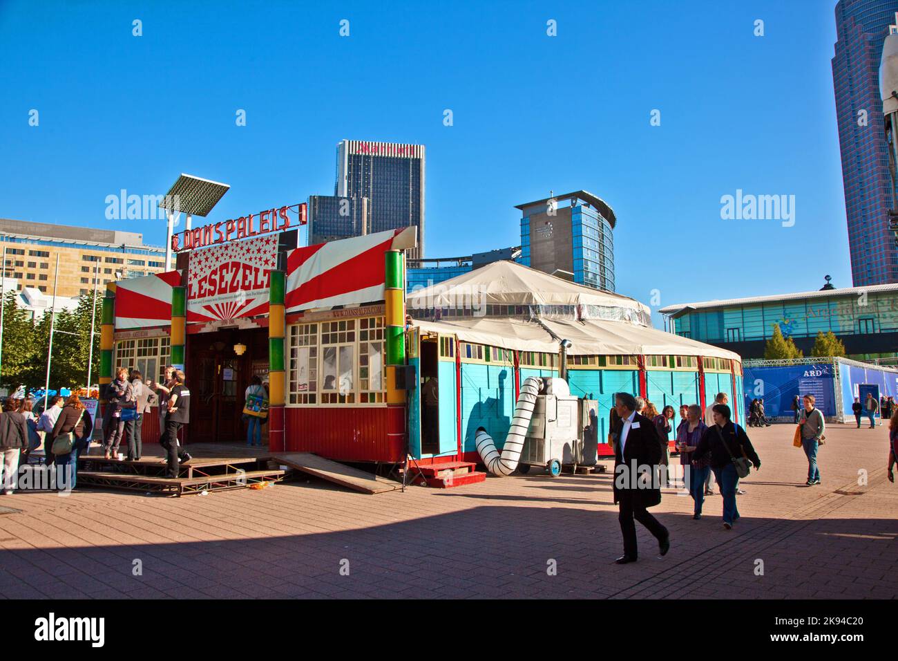 FRANKFURT, GERMANY - OCTOBER 10, 2010: public day for Frankfurt Book fair, colorful historic circus tent as reading tent at the fair in Frankfurt, Ger Stock Photo