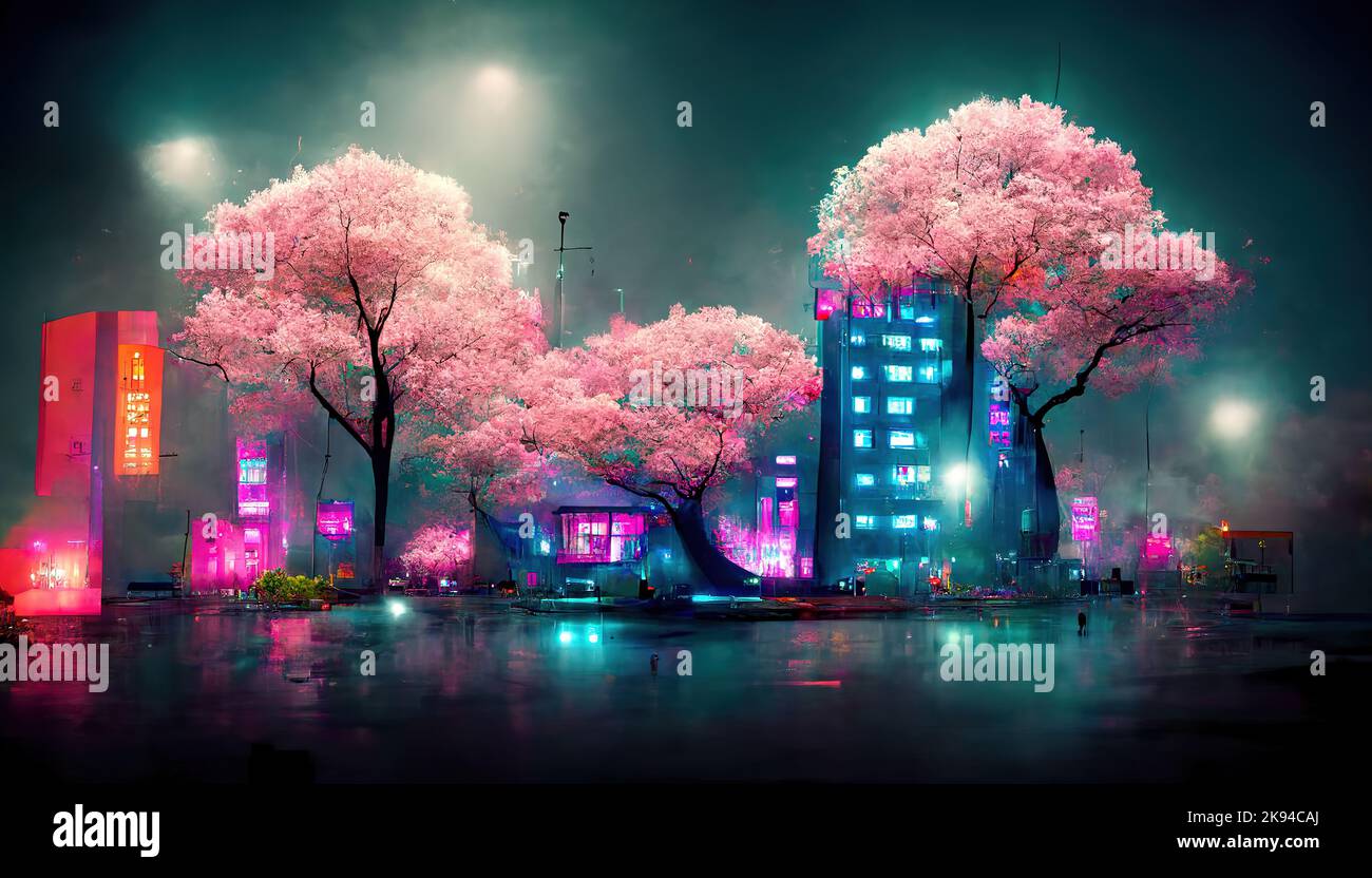 Fantasy Japanese night view city citycape, neon light, residential ...
