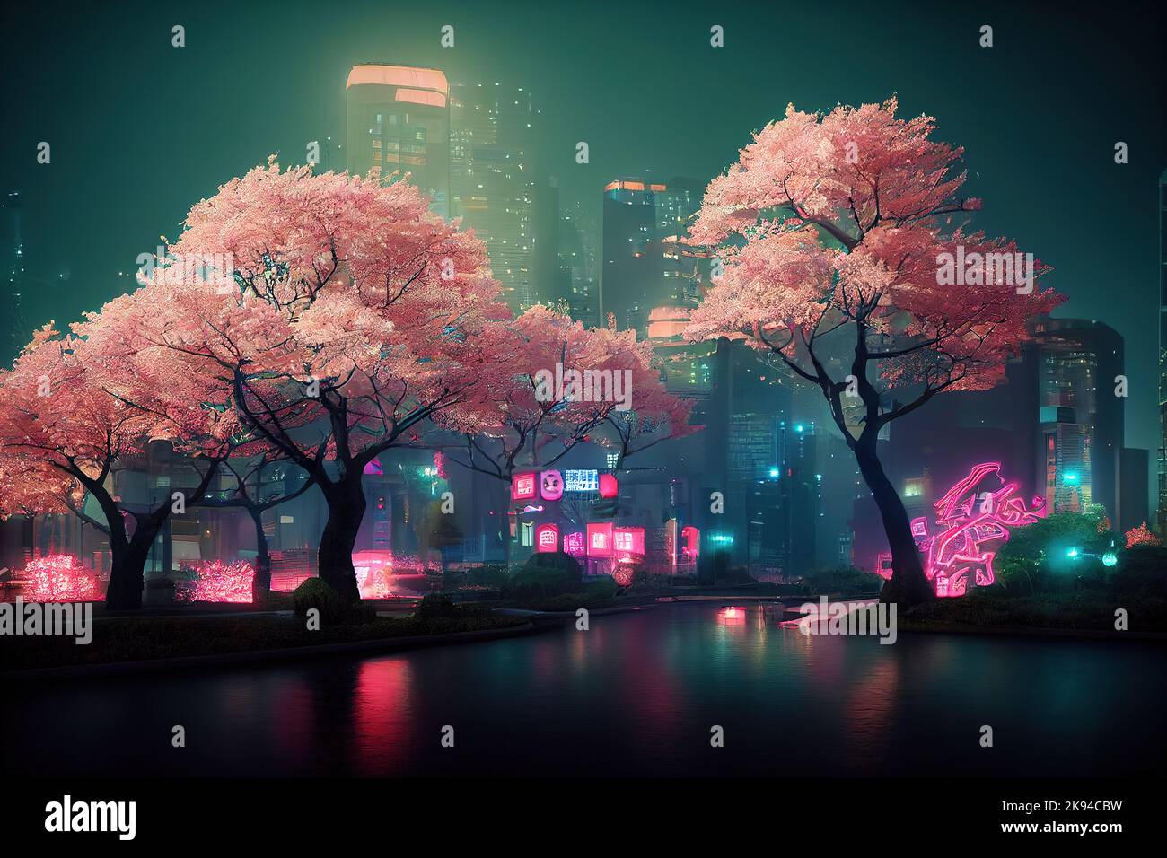 Fantasy Japanese night view city citycape, neon light, residential ...