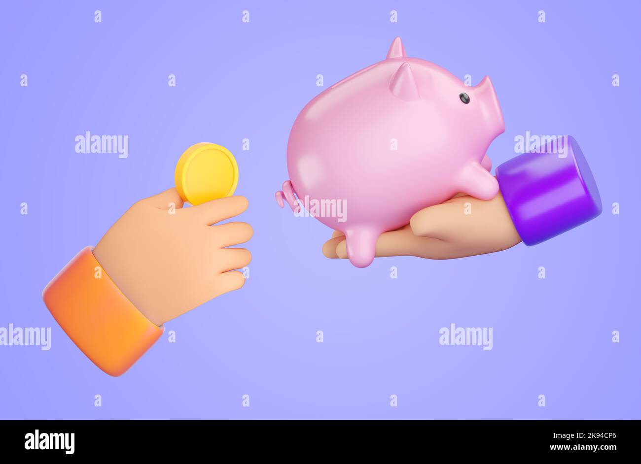 3d human hand holding Piggy bank and hand putting money into it ...