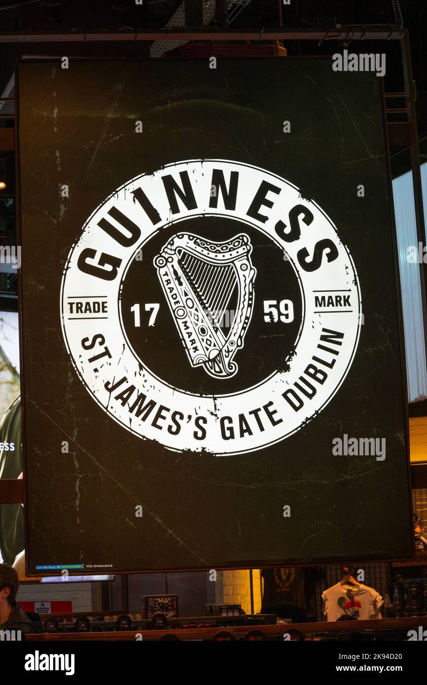 Ireland Eire Dublin St James's Gate Guinness Storehouse beer stout porter started 1759 iconic advertising material old black & white trademark Stock Photo