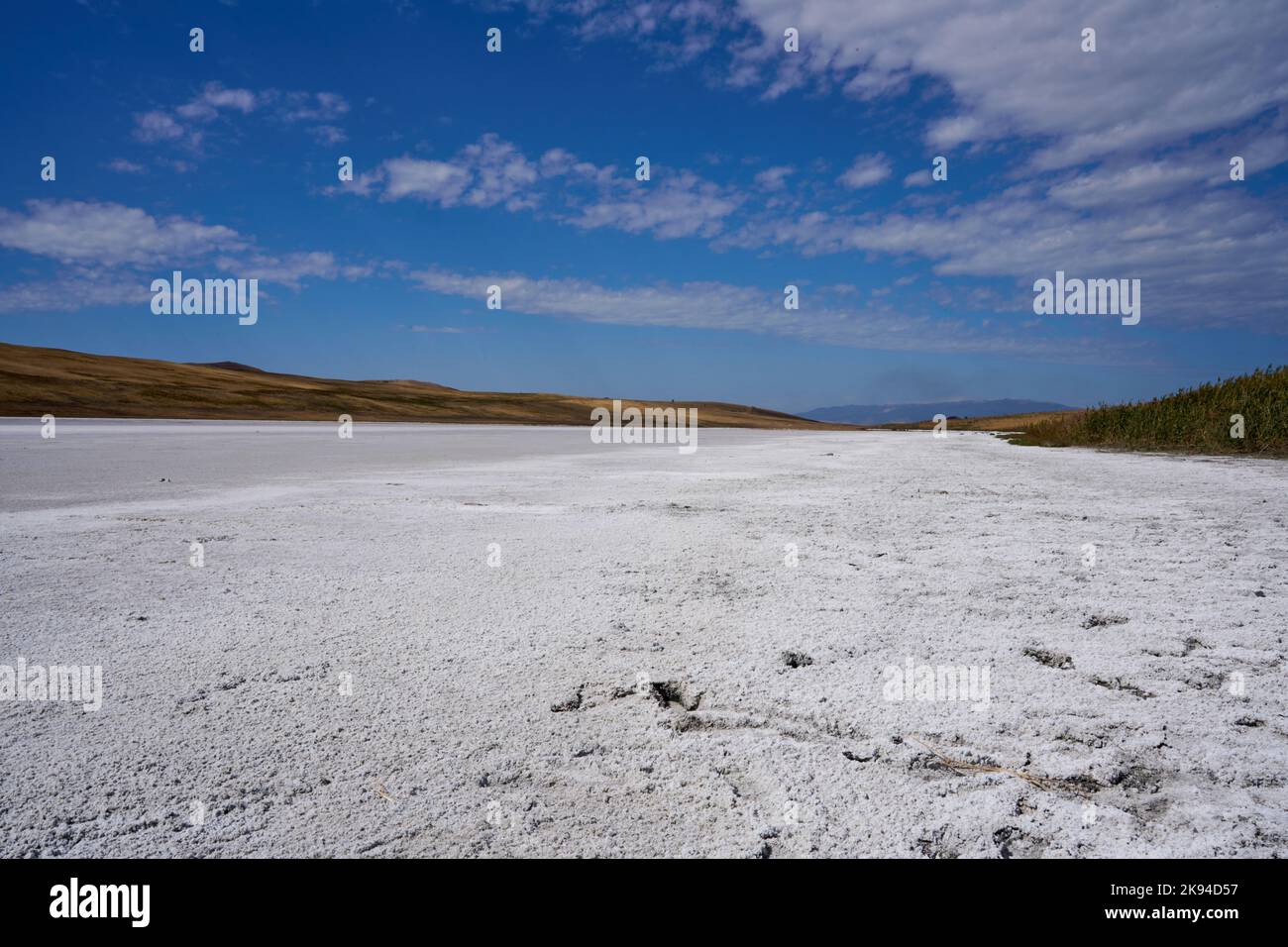 Salzkruste auf einem im Herbst ausgetrockneten Salzsee, Halbwüste, Steppenlandschaft Garedscha, Kachetien, Raion Sagaredscho, Südosten von Georgien Stock Photo