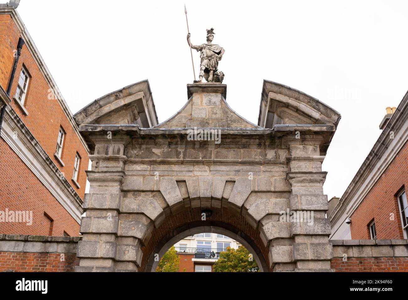 Ireland Eire Dublin Dame Street Dublin Castle Upper Yard Statue of Mars Fortitude soldier spear lion sculpture by Jon Van Most the younger 1753 Stock Photo