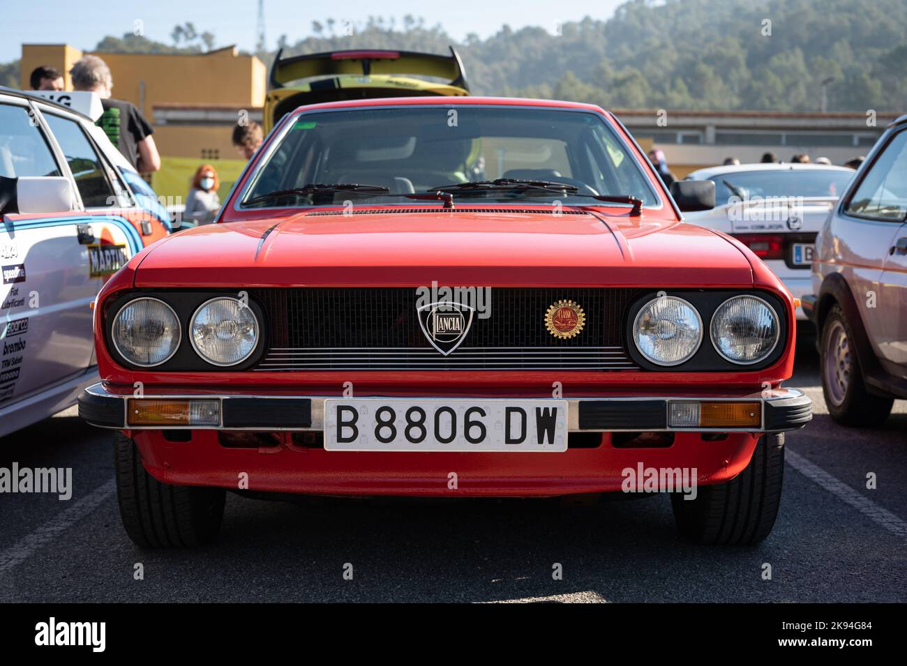 An old red Lancia Beta Coupe parked outside Stock Photo