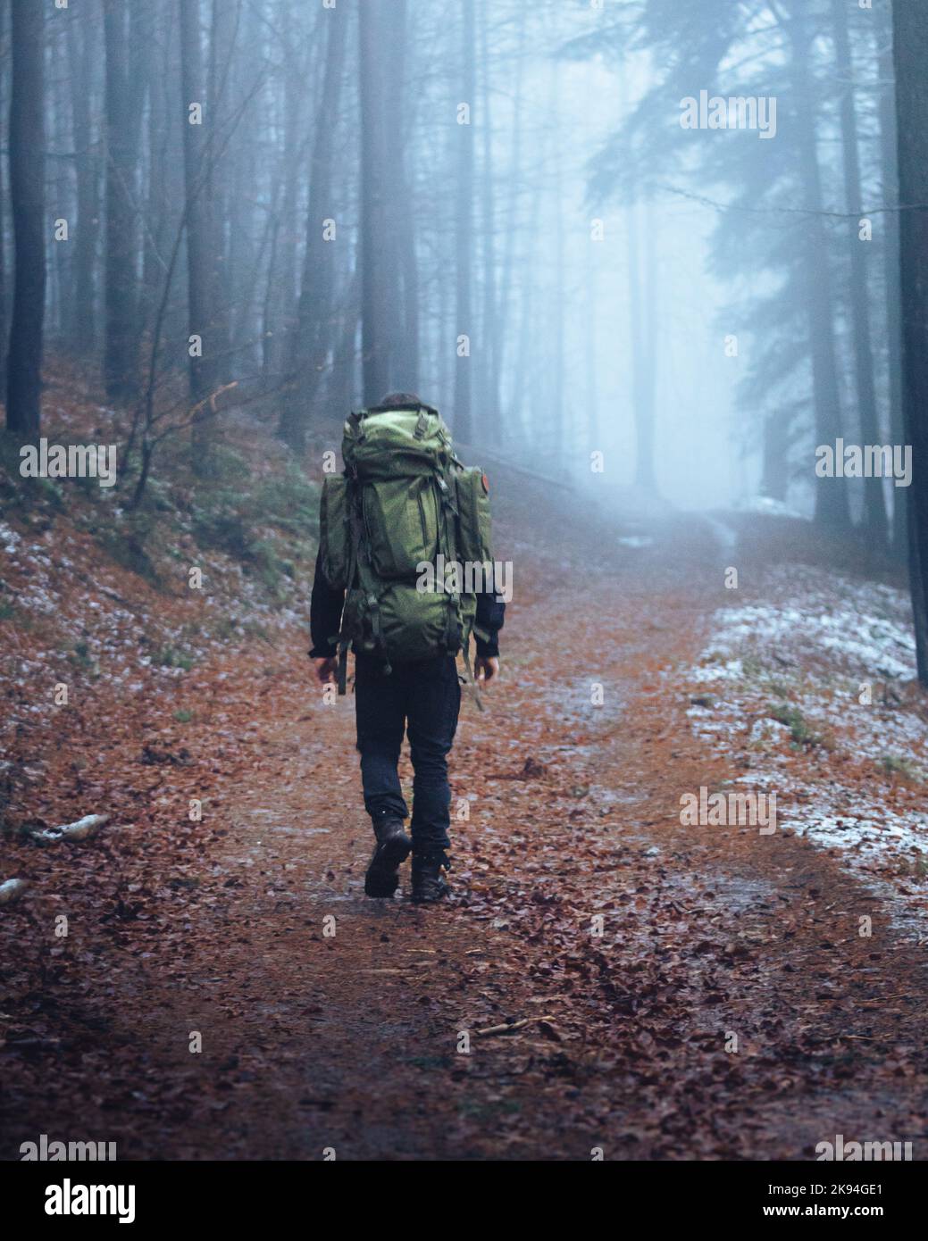 A man hiker with big backpack walking in a forest with a mist Stock ...