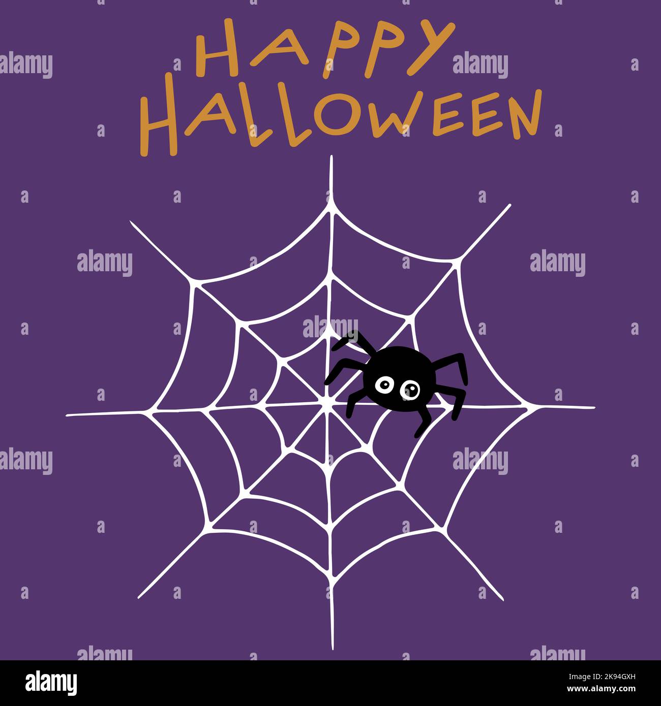 Black spider with web on purple background. Happy Halloween. Hand drawn ...