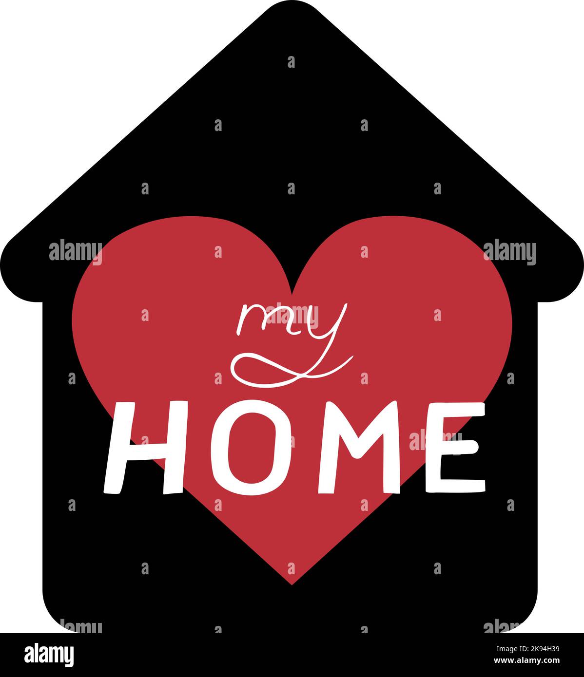 Simple black icon of house with heart and hand drawn text My home