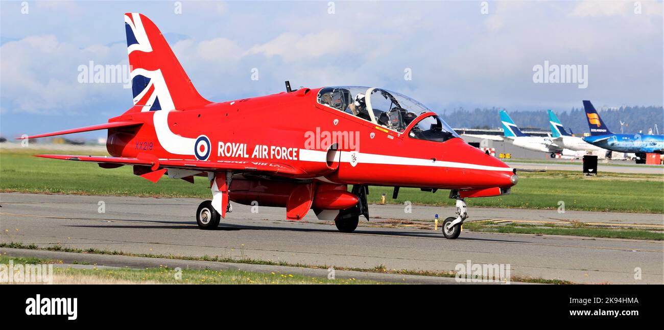 The Royal Airforce Red Arrows display team visiting Vancouver Airport Stock Photo