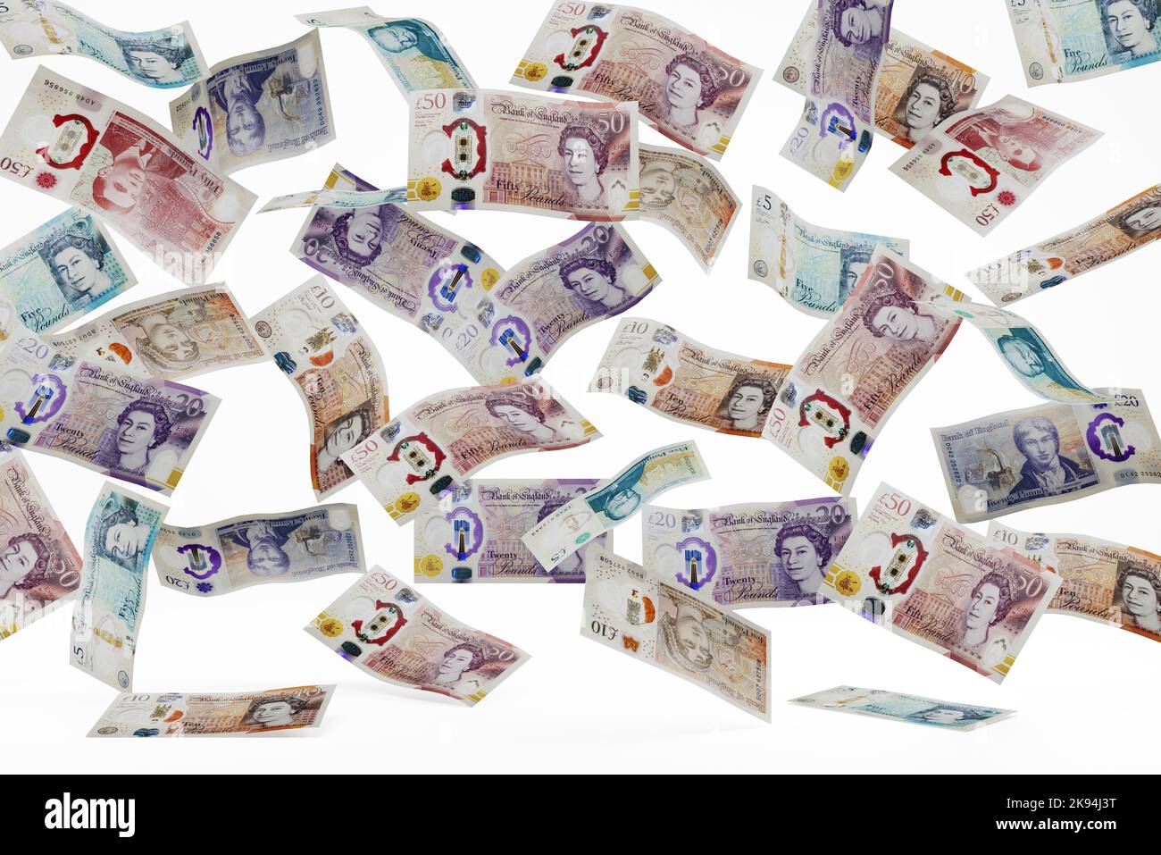 Falling UK money British pound drop dropping currency exchange fall concept polymer banknotes falling Stock Photo