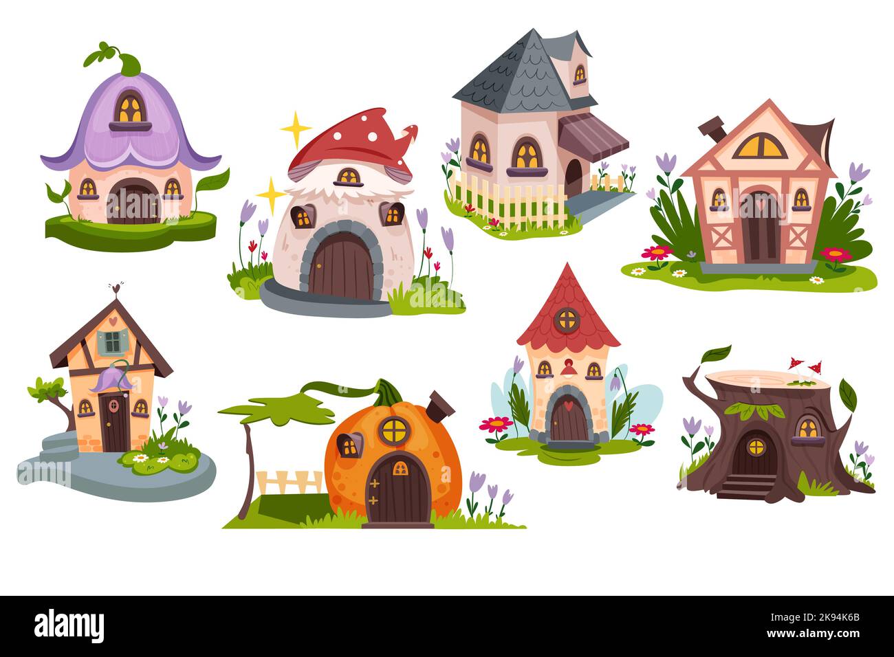 Cartoon fairytale houses. Cute dwellings or buildings set of gnome, dwarf or elf. Magic forest village with beautiful agaric mushroom, pumpkin and stump homes in green garden or fantasy wood. Stock Vector