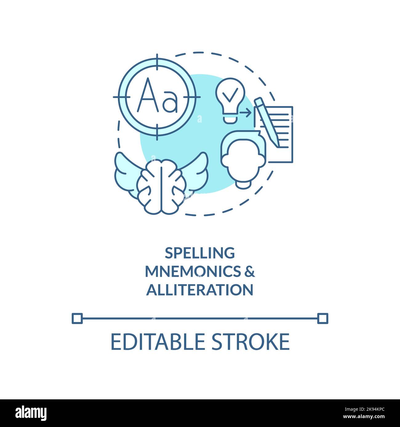 Spell mnemonics, alliteration concept turquoise icon Stock Vector