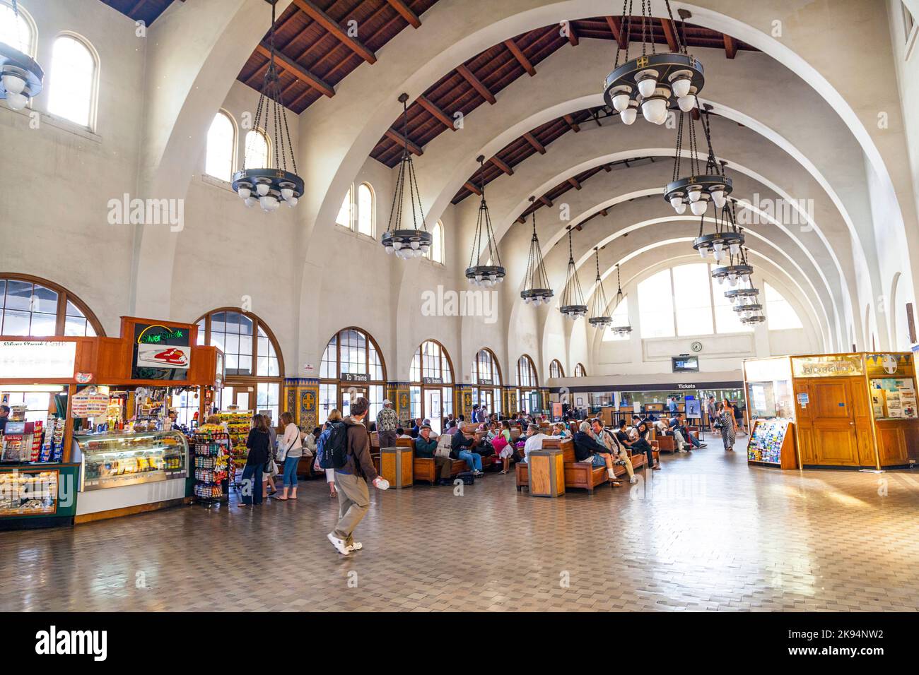 SAN DIEGO, USA - JUNE 11: people wait for the trains inside Union Station on June 11, 2012 in San Diego, USA. The Spanish Colonial Revival style stati Stock Photo