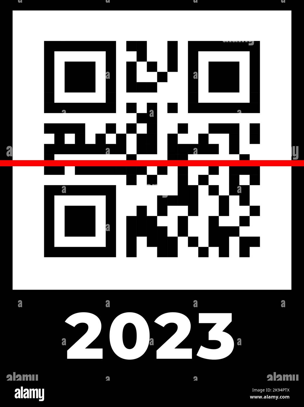 Real QR code 2023 numbers with red scan line. Happy New Year with covid vaccination barcode