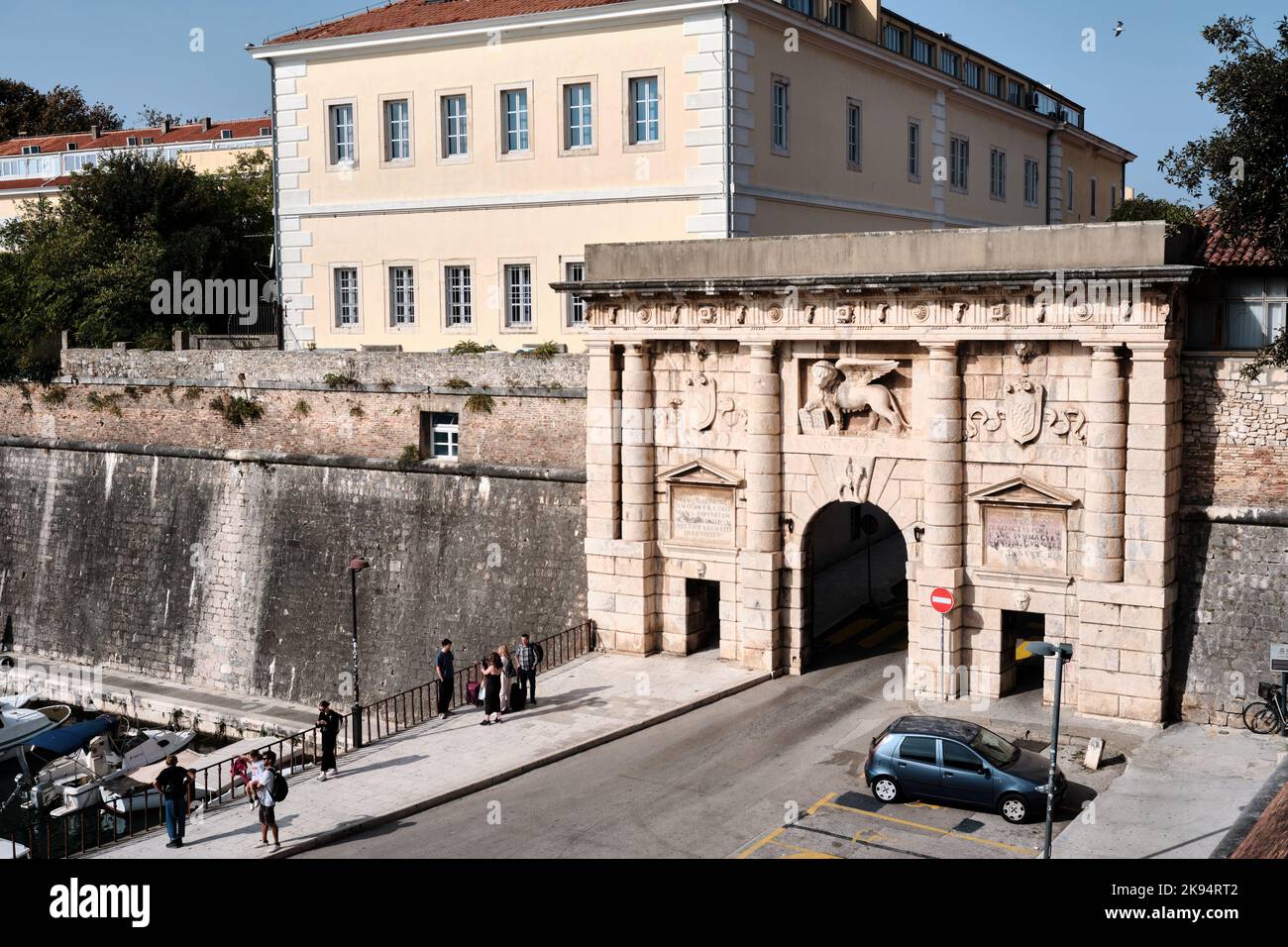 The Venetian Land Gate, built in 1543, of Zadar old town by the port of Fosa Harbour in Croatia set in the surrounding medieval city walls Stock Photo