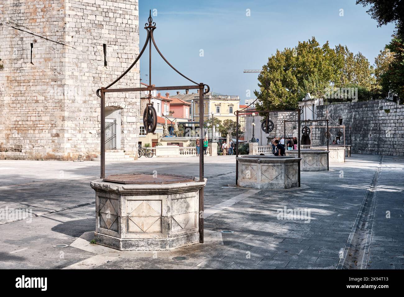 In Five Wells Square a large cistern for drinking water with 5 decorated wellheads built in 1574 over a defensive moat by the Ottoman Empire in Zadar. Stock Photo