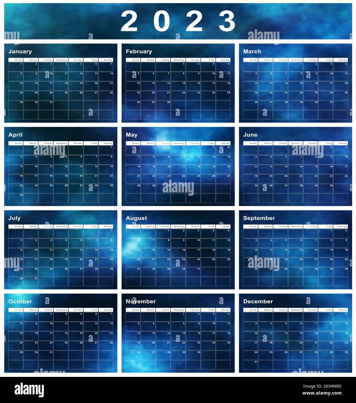2023 calendar, week start Sunday, modern design Stock Photo Alamy