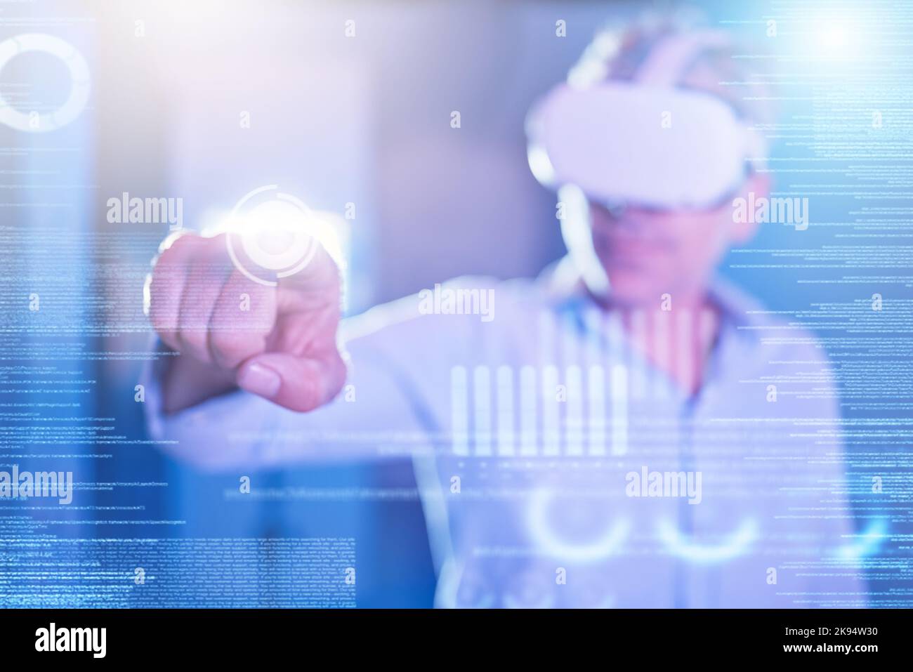Digital vr headset or software, developer or coding user interface or UX program code on 3D data screen. Futuristic SSL language with metaverse IT man Stock Photo