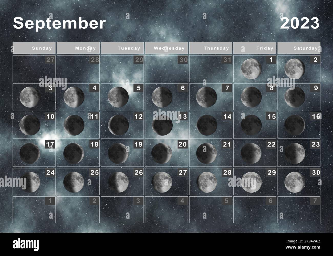 September 2023 Lunar calendar, Moon cycles, Moon Phases Stock Photo - Alamy