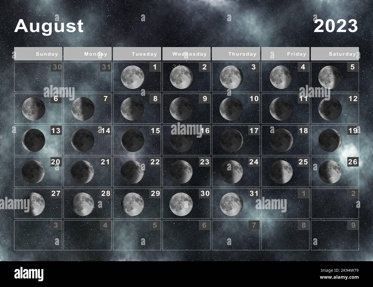August 2023 Lunar calendar, Moon cycles, Moon Phases Stock Photo Alamy