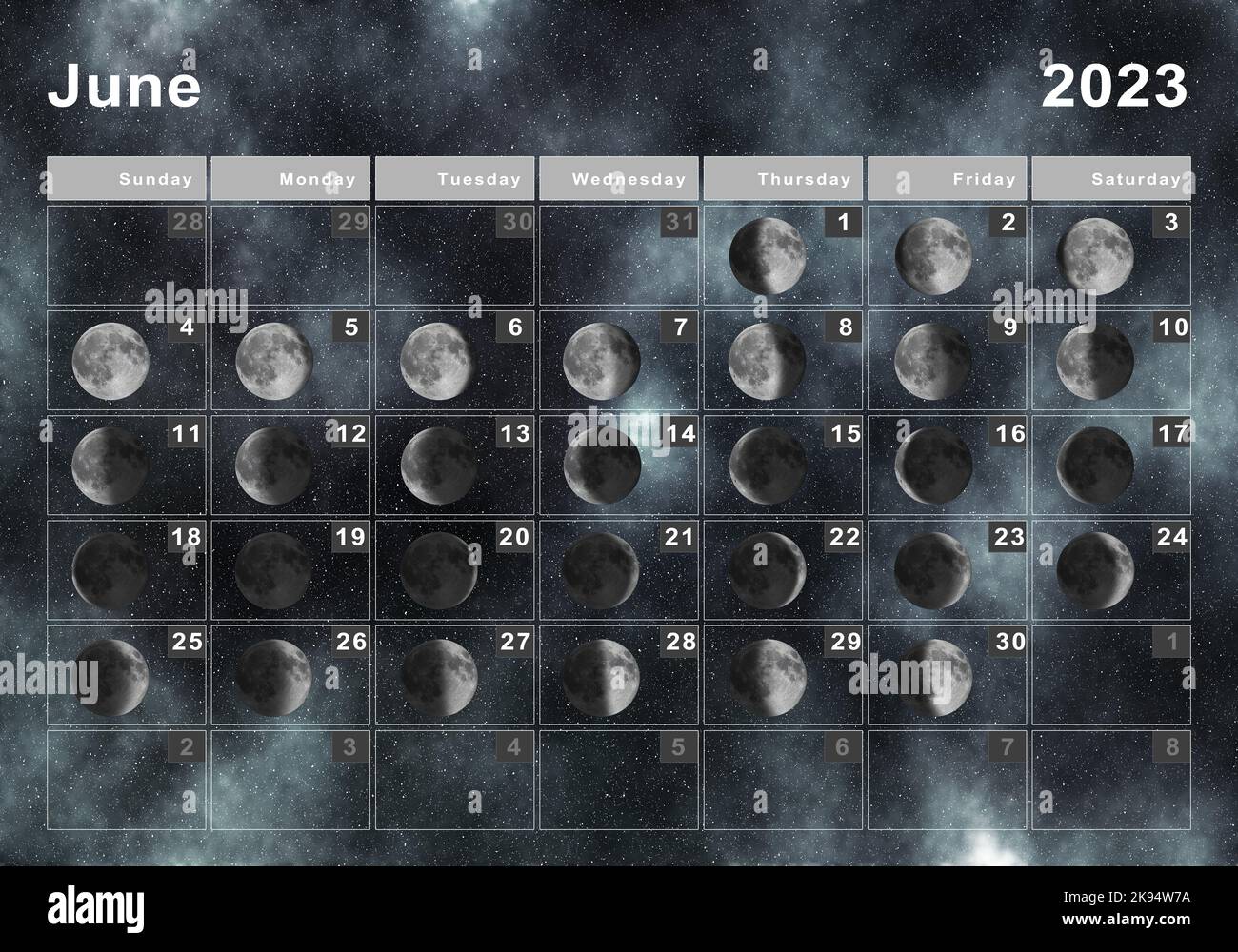 June 2023 Lunar calendar, Moon cycles, Moon Phases Stock Photo - Alamy