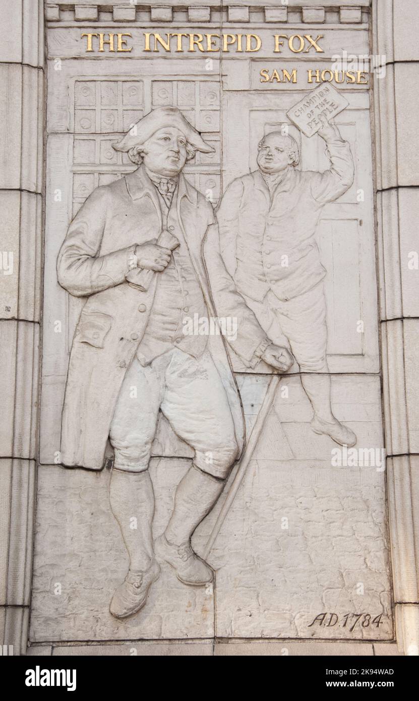 Bas Relief showing scene from Parliamentary Elections (1784), Soho, London, UK Stock Photo