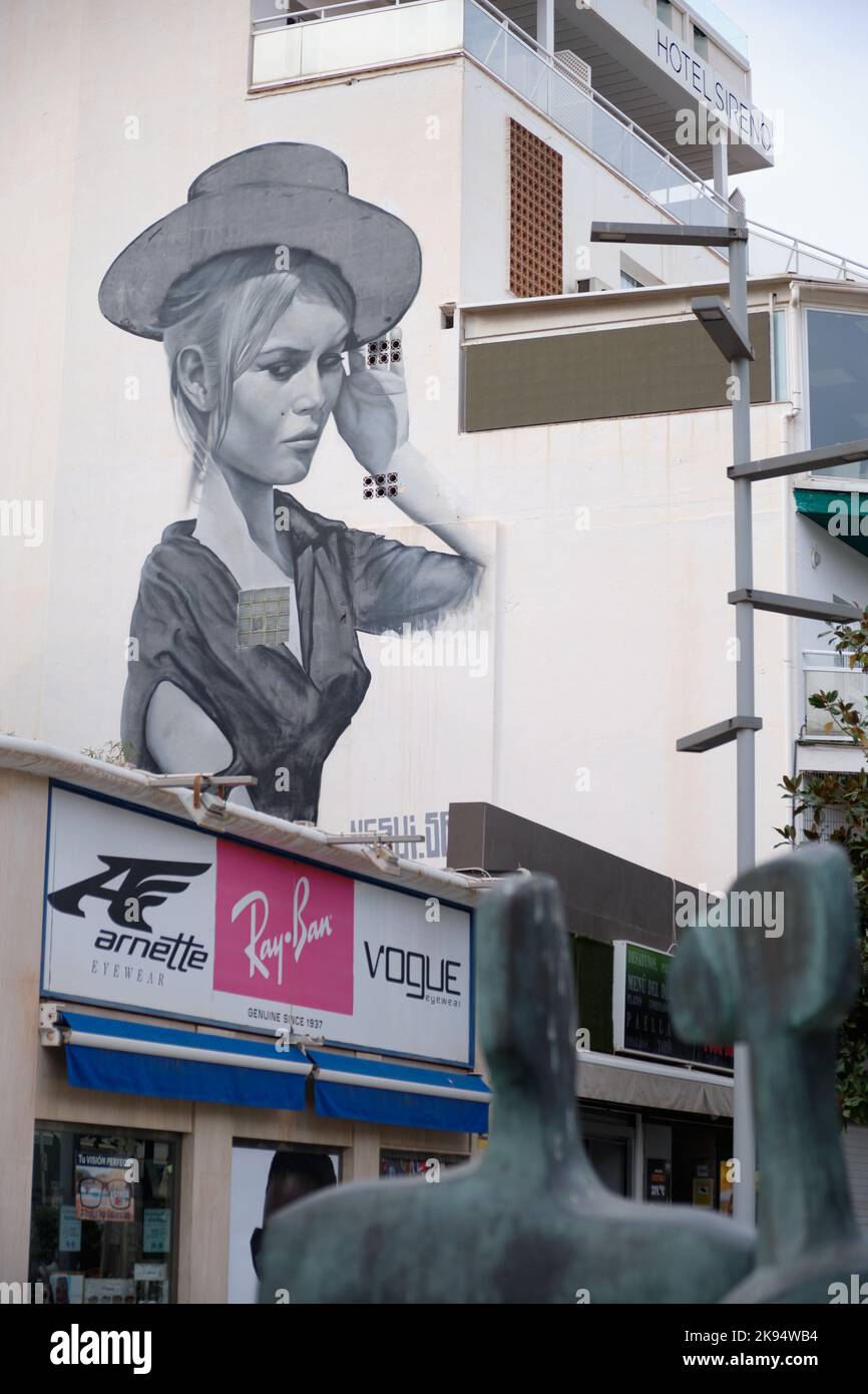 Brigitte bardot painting on wall in center of Torremolinos, Malaga, Spain. Stock Photo