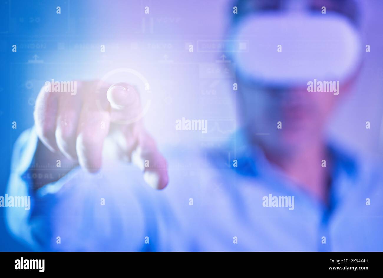 VR, metaverse and hand of a man with a futuristic experience, digital system and streaming with glasses in a neon room. Creative person, gamer or ai Stock Photo