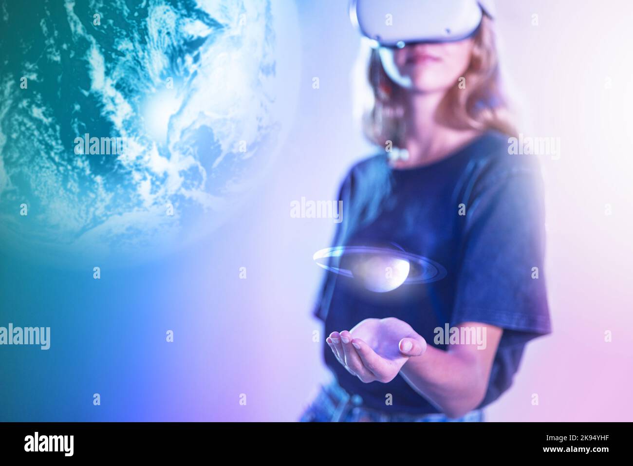 Vr double exposure overlay and gamer girl with space video game