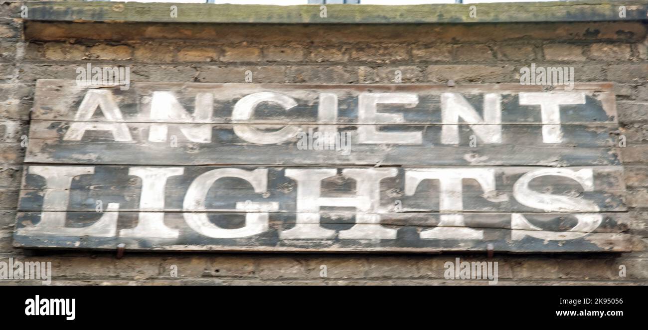 Sign for 'Ancient Lights', Rathbone Place, Bloomsbury, London, UK - the sign 'Ancient Lights' is a legal term indicating that the building in question Stock Photo