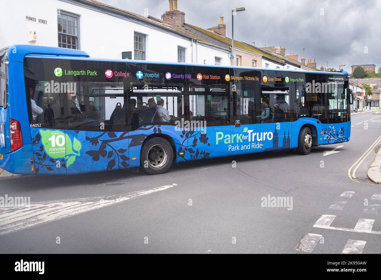 A blue Park and Ride bus on a road in Truro City centre In Cornwall in the UK. Stock Photo
